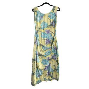 CARIBBEAN JOE Women Midi Dress Sz L Yellow Floral Sleeveless Hawaiian Beach 73-4